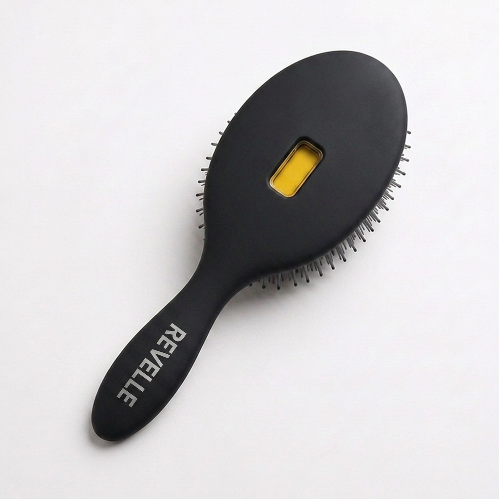 The Revelle brush in Noir, matte black with a yellow viewing window and dark gray bristles