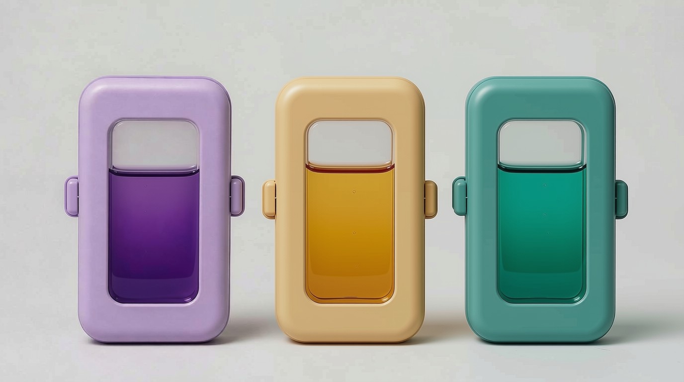 Three Revelle pod cartridges in lilac, amber, and teal, each with a clear viewing window